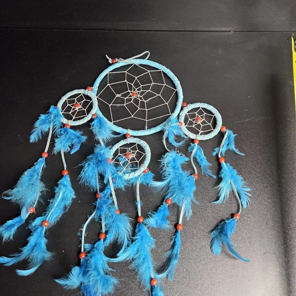 Blue Multi Ring Dreamcatcher Boho Feather Wall Hanging Handmade Decor